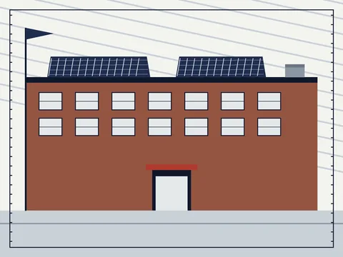 Flat collage of a brick school with two rows of rooftop solar panels, a window grid, a red entrance lintel, and a flagpole